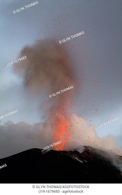 Strombolian eruption on the volcanic island of Stromboli, Sicily, Italy