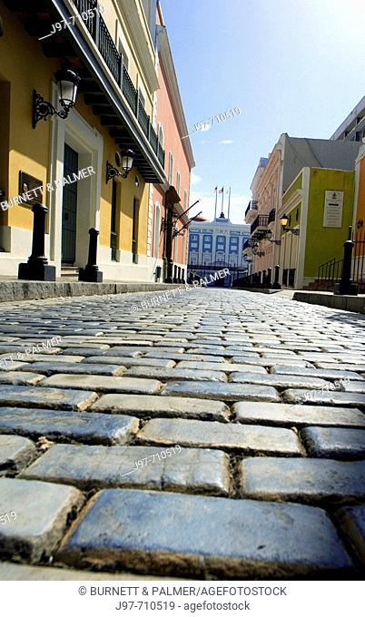 A view of the entrance to the Governor's mansion from the famous cobblestone streets of Old San Juan, Puerto Rico, Cribbean Sea