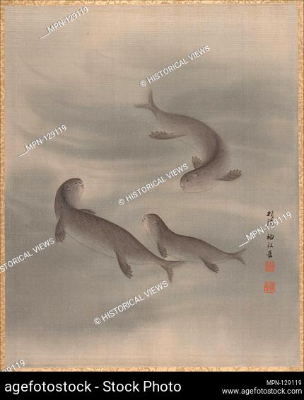Otters Swimming. Artist: Seki Shuko (Japanese, 1858-1915); Period: Meiji period (1868-1912); Date: ca. 1890-92; Culture: Japan; Medium: Album leaf; silk;...