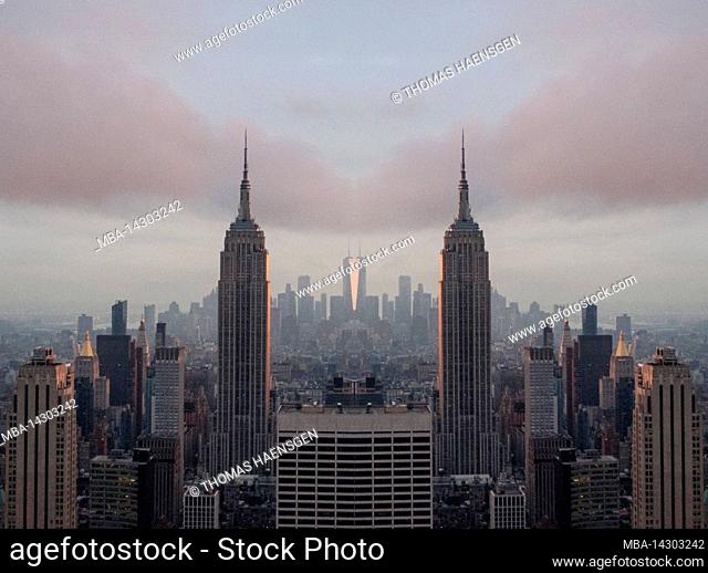 Midtown West, New York City, NY, USA, Drone shot / Aerial taken next to the Rockefeller Center with a panoramic view of Manhattan