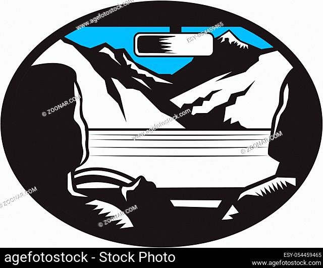 Illustration showing driver and passenger glancing looking up at the mountain peak through the front car windshield viewed from the back set inside oval shape...