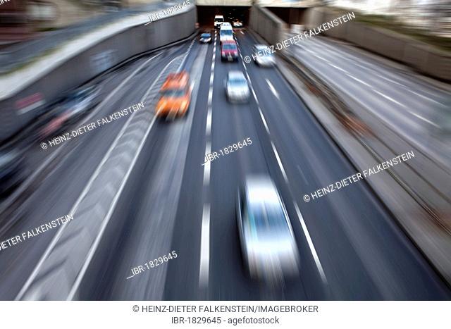 Car traffic on Rheinuferstrasse street, Rheinufertunnel, Rhineshore Tunnel, Cologne, North Rhine-Westphalia, Germany, Europe