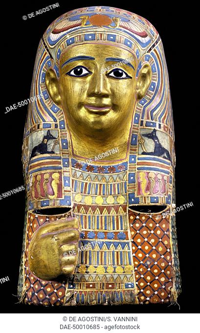Funerary mask, gilded and painted cartonnage, 42x26x40 cm. Egyptian Civilisation, Roman Empire, 1st century.  Cairo, Egyptian Museum