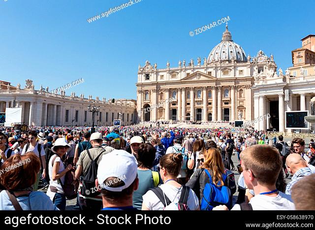 Front view of St. Peters basilica from St. Peter's square in Vatican City, Vatican