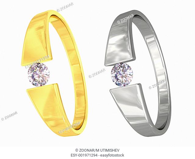 Gold and silver rings with diamonds isolated on white background. High resolution 3D image