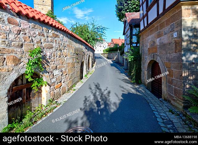 City wall, city fortifications, facade, half-timbered, alley, architecture, Haßberge, Ebern, Franconia, Bavaria, Germany, Europe