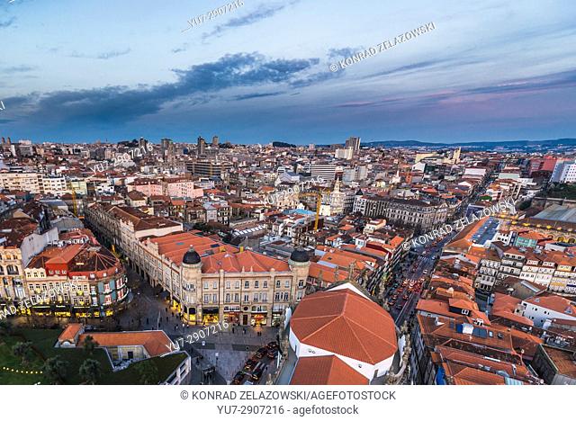Aerial view with Old Town buildings from bell tower of Clerigos Church in Porto, second largest city in Portugal