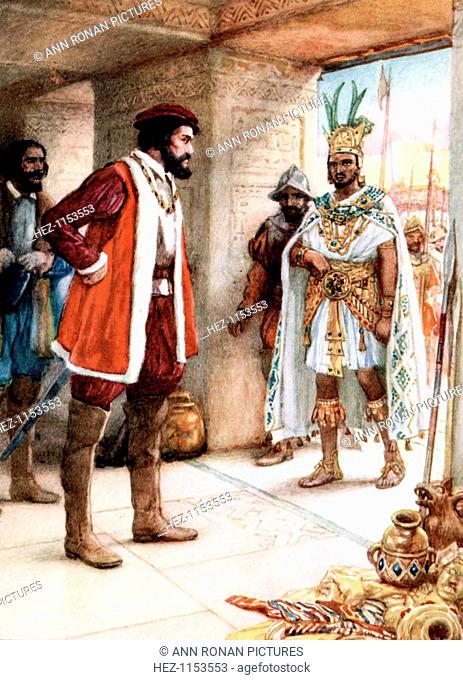 Hernan Cortes meeting the Aztec Emperor Montezuma, 1519. Cortes (1485-1547) was the Spanish conquistador who conquered Mexico and overthrew the Aztec Empire