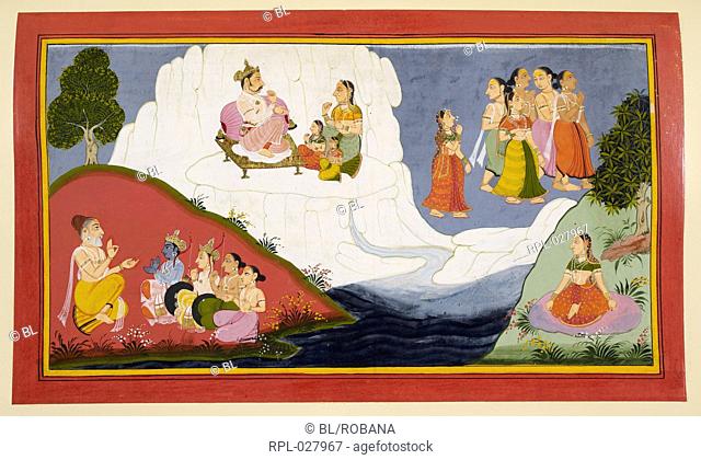 The story of the Ganges, In the bottom left of the folio Rama asks Visvamitra to tell him the story of the river Ganges. In the centre of this folio Himavat
