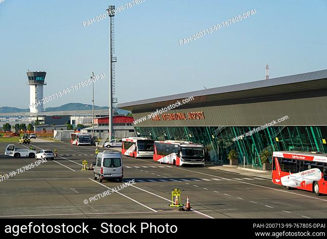 03 July 2020, Albania, Kruja: +++Minimum fee 10, - Euro+++The apron of the airport ""Tirana International Airport Nënë Tereza"" (TIA) near Tirana