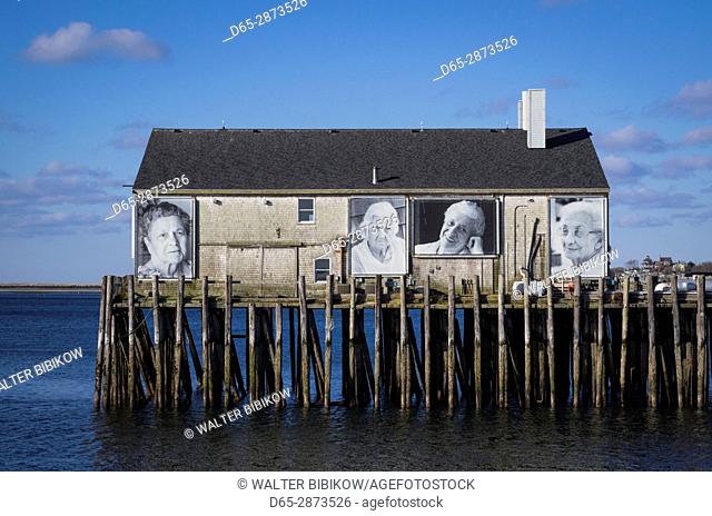 USA, Massachusetts, Cape Cod, Provincetown, Provincetown Pier, photos of fishermen's wives