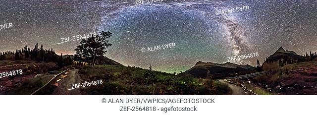 A 360° panorama of the Milky Way and night sky taken at Red Rock Canyon in Waterton Lakes National Park, Alberta, Canada