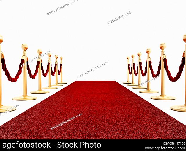 Red carpet and velvet ropes isolated on white