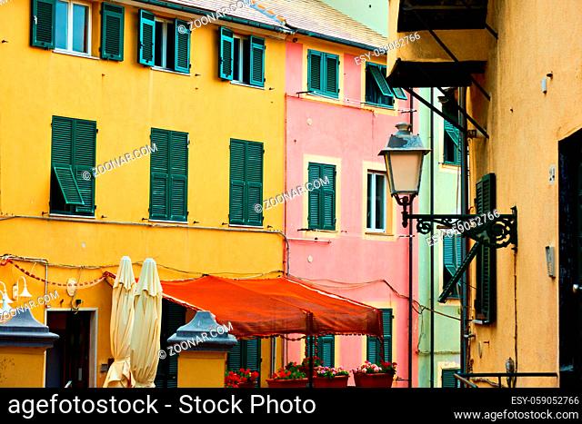 Colorful old street in Boccadasse district in Genoa city, Italy