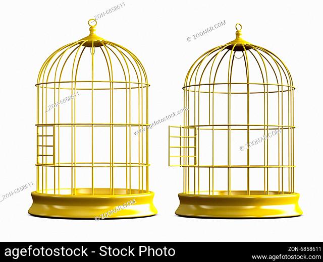Open and closed, shiny, empty, golden bird cage, isolated on white background