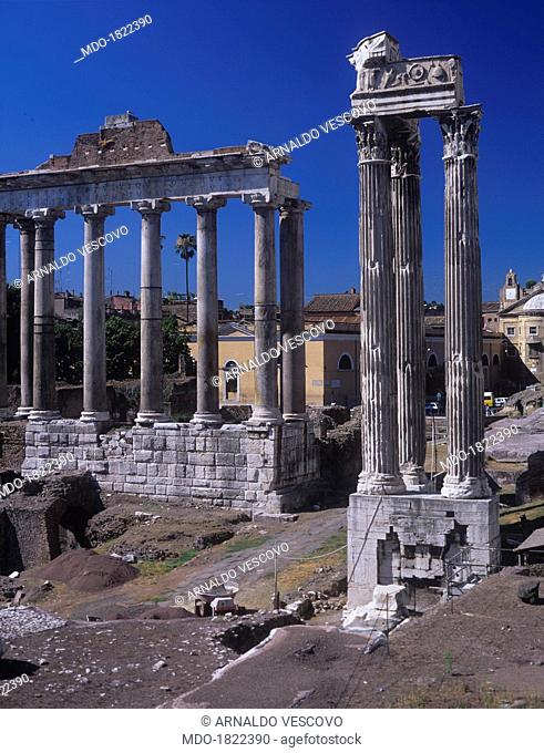 Roman Architecture, Roman Forum, 5th Century a.C. Italy, Lazio, Rome, Roman Forum. Whole artwork view. View with the temple of Saturn and Vespasian