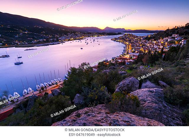 View of Poros island and Galatas village in Peloponnese peninsula in Greece.