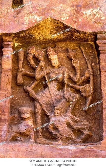 Mahishasuramardini Bas relief in cave temple 7th century ; Badami ; Karnataka ; India