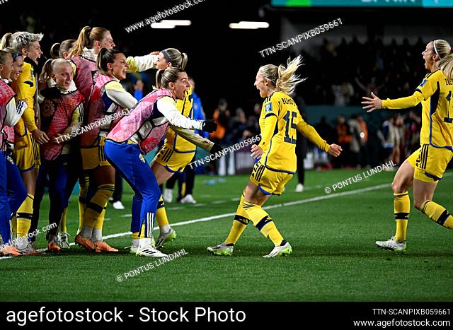 Sweden's Rebecka Blomqvist celebrates 1-1 during the FIFA Women's World Cup semi-final between Spain and Sweden at Eden Park in Auckland, New Zealand