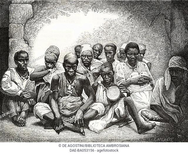 Griots (poets, storytellers) of Goree, drawing by Jules Fesquet (1836-1890) from a photograph, from Croisieres a la cote d'Afrique, 1868