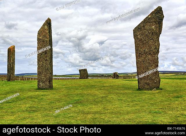 Neolithic Monument, Henge, Standing Stones of Stenness, dramatic cloudy sky, Mainland, Orkney, Scotland, United Kingdom, Europe
