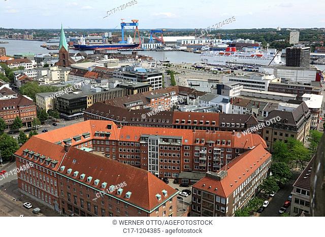Germany, Kiel, Kiel Fjord, Baltic Sea, Schleswig-Holstein, panoramic view, ahead Ahlmann House, Ahlmann Bank, behind Alter Markt with church Saint Nicolai