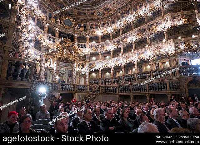 21 April 2023, Bavaria, Bayreuth: Visitors sit in the Margravial Opera House for the opening of the Opera House Museum with World Heritage Information Center