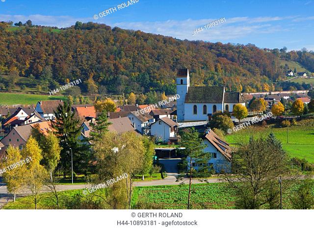 Hornussen, Switzerland, Europe, canton Aargau, village, houses, homes, church, trees, wood, forest, autumn