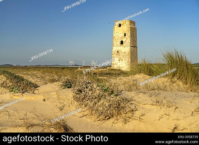 Torre Vigía de Castilnovo tower on Playa de Castilobo beach, Conil de la Frontera, Costa de la Luz, Andalusia, Spain