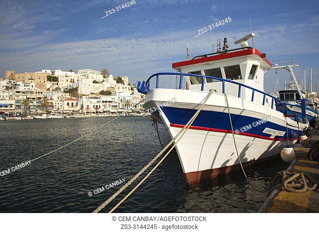 View to the town center Chora with traditional fishing boats in the foreground, Naxos Island, Cyclades Islands, Greek Islands, Greece, Europe