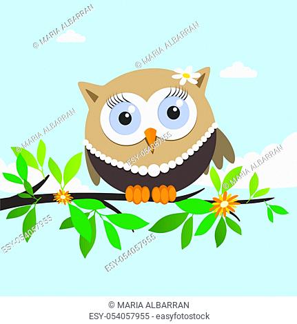Female owl on a spring day. Vector illustration