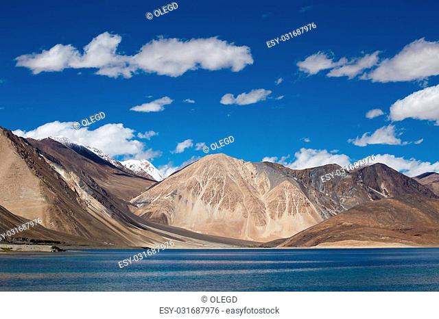 The sunny day at Pangong Lake. Pangong Lake, is an endorheic lake in the Himalayas situated at a height of about 4, 350 m (14, 270 ft)