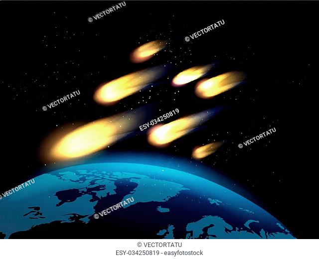 Shooting stars or fall comets over globe map. Meteor shower vector illustration