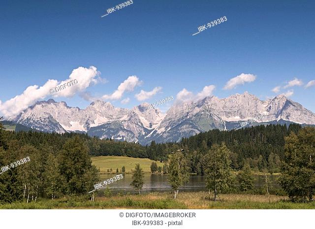 Schwarzsee Lake in front of the Wilder Kaiser Range, Tirol, Austria, Europe