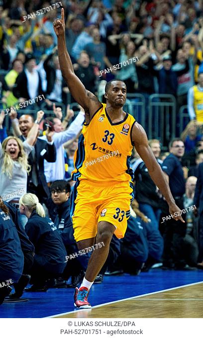 Berlin's Jamel McLean in action during the basketball game between Alba Berlin and the San Antonio Spurs as part of the 'NBA Global Games' in Berlin, Germany