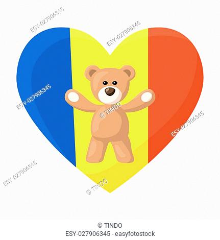 Teddy Bears with heart with flag of Romania (also simple flag of Andorra and Chad). Illustration of travel souvenir from visiting the country