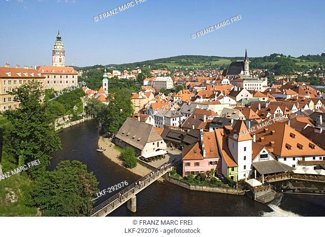 Panoramic view with the Vltava river, the castle and the church of St. Jost, Cesky Krumlov, South Bohemian Region, Czech Republic