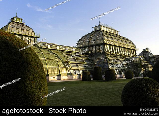 Vienna, Austria - October 10, 2018: Palm House (Palmenhaus) in building at Schonbrunn Palace gardens in Vienna, Austria