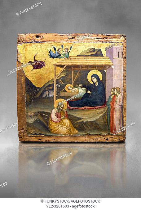 Gothic painted panel of the Nativity scene by Taddeo Gabbi of Florence, circa 1325, tempera and gold leaf on wood. National Museum of Catalan Art, Barcelona