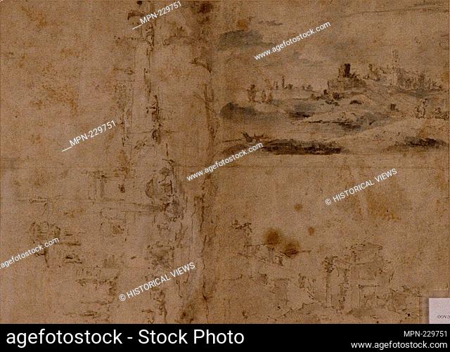 Adoration of the Shepherds (recto); Three Sketches: Buildings by Canal with Boats, Landscape with Buldings on Hillside, Buildings with Portico (verso) - c
