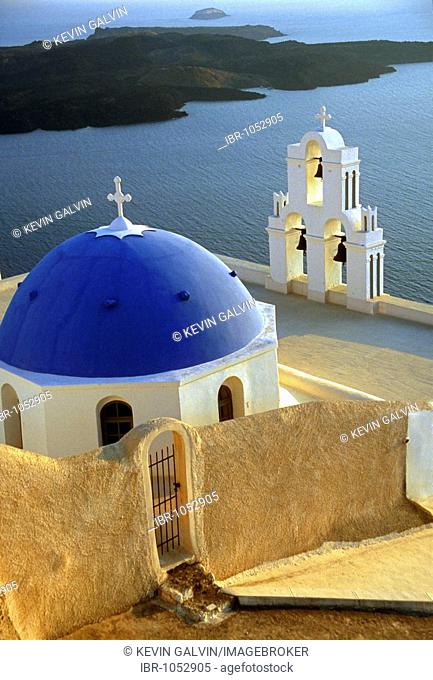 Church with blue dome overlooking the Caldera, Santorini, Cyclades, Greece
