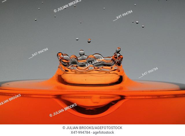 A drop of orange water forming a coronet as it splashes into a glass full of liquid, backlit for contrast