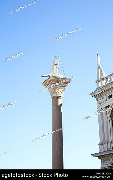 The column of San Teodoro (patron saint of Venice), in Piazza San Marco. Venice (Italy), May 31st, 2021