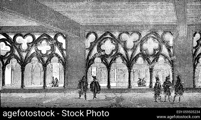 View of the cloister of the former college of Cluny Sorbonne square, vintage engraved illustration. Magasin Pittoresque 1836