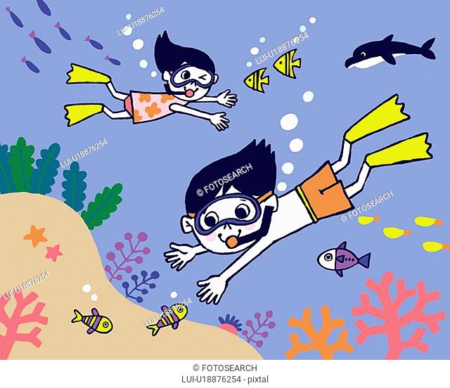 Children diving, Painting, Illustration, Illustrative Technique, Side View