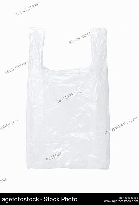 Front view of transparent disposable plastic bag isolated on white