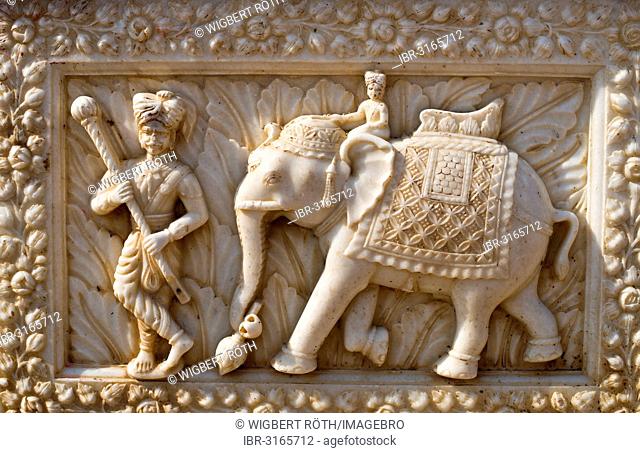 Relief in a marble façade, mahout or elephant driver and elephant, rat temple of the goddess Karni Mata, Karni Mata Temple