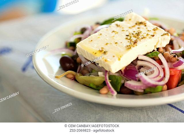Greek Salad wiating to consume on the table, Koufonissi, Cyclades Islands, Greek Islands, Greece, Europe