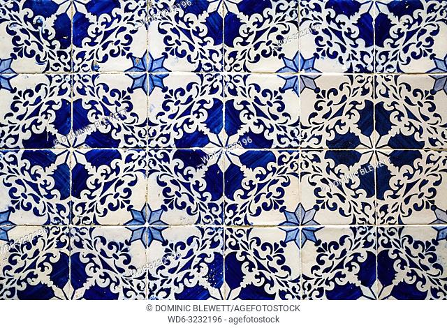 Traditional tiles on a building facade in Lisbon, Portugal