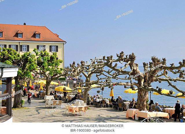 Terrace of Wilder Mann hotel and restaurant, Meersburg on Lake Constance, Baden-Wuerttemberg, Germany, Europe
